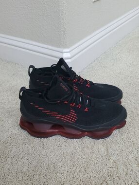 Nike Air Max Scorpion Black And Uiversity Red Knit Performance Athletic Shoes.